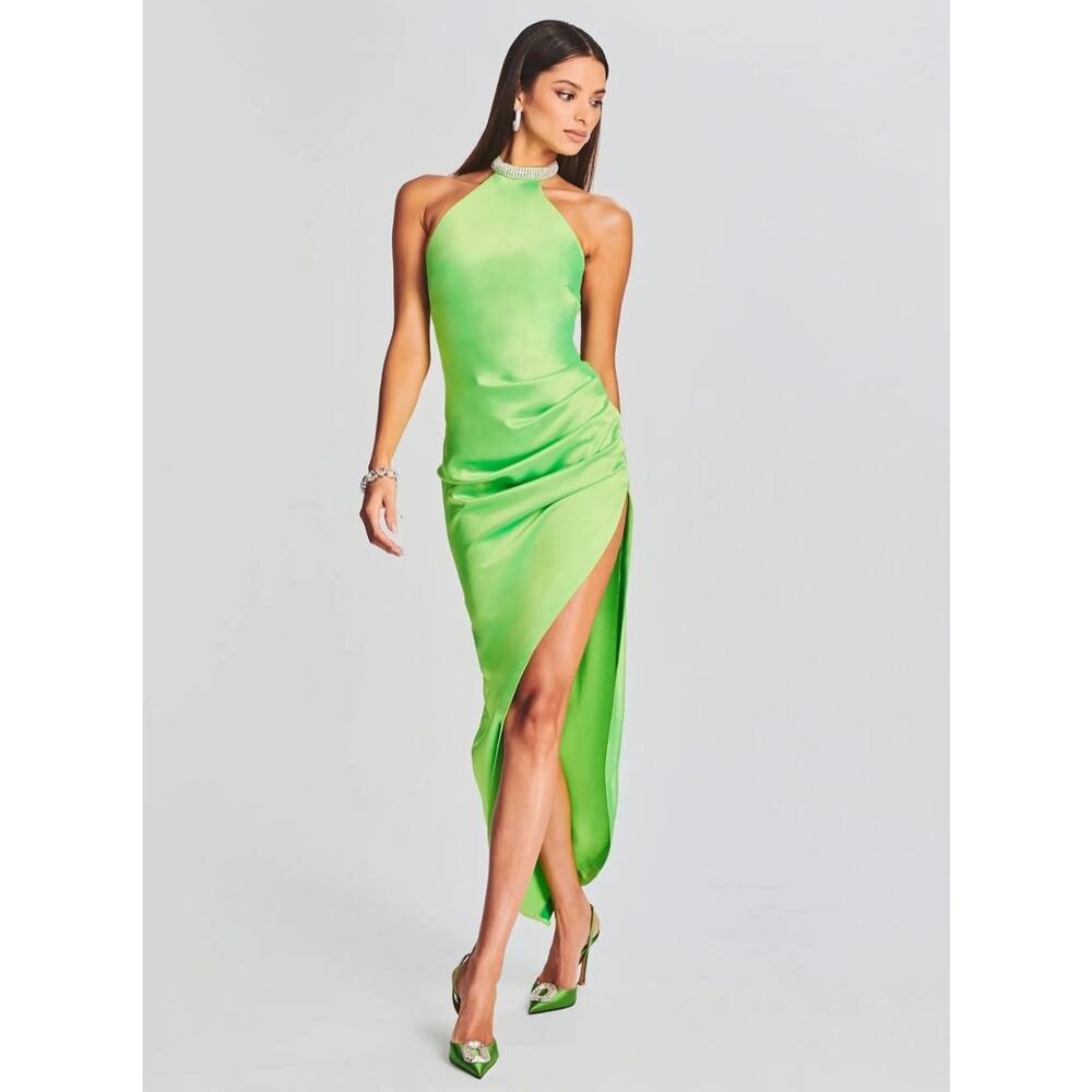 Retrofête Maria Halter Gown Lime Punch Neon Green Rhinestone Neck Maxi NWT